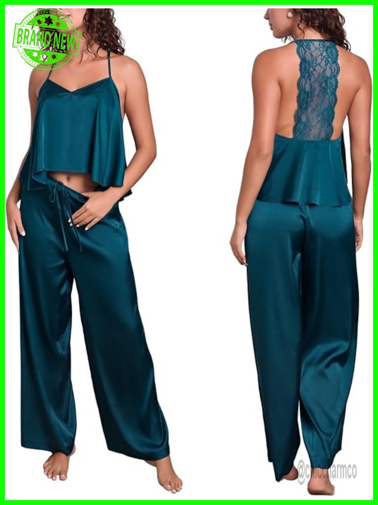 Satin Pajama Set Lace Back Cami Top Wide Leg Pants Sleepwear